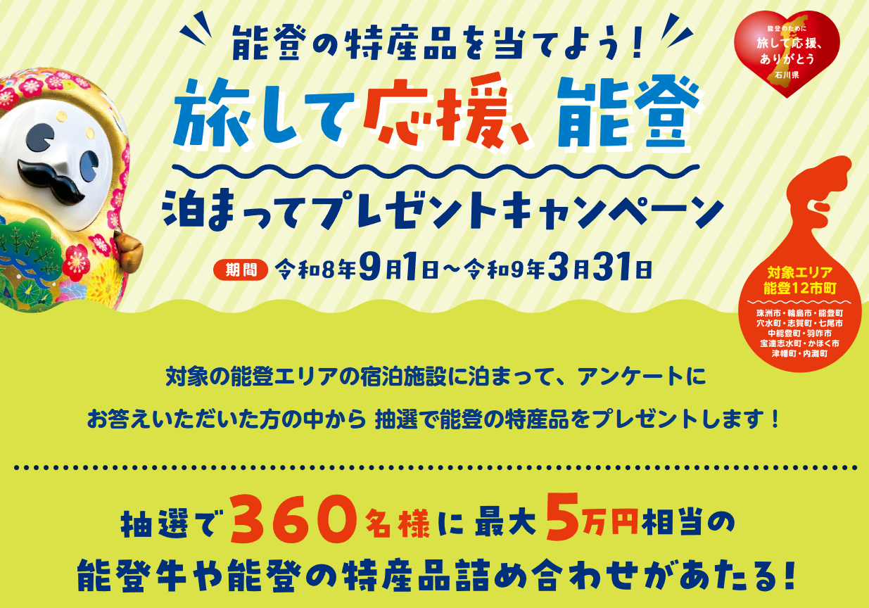 【能登牛・特産品が当たる】「旅して応援、能登｜泊まってプレゼントキャンペーン」能登の対象宿に泊まってアンケート回答で最大5万円相当プレゼント！